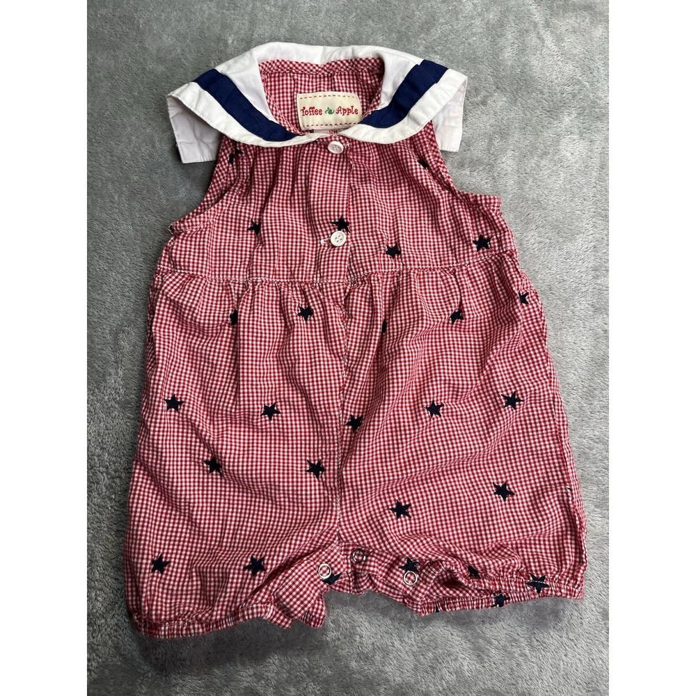 Vintage Smocked Embroidered Gingham Collar Outfit 12 Months Red Stars USA